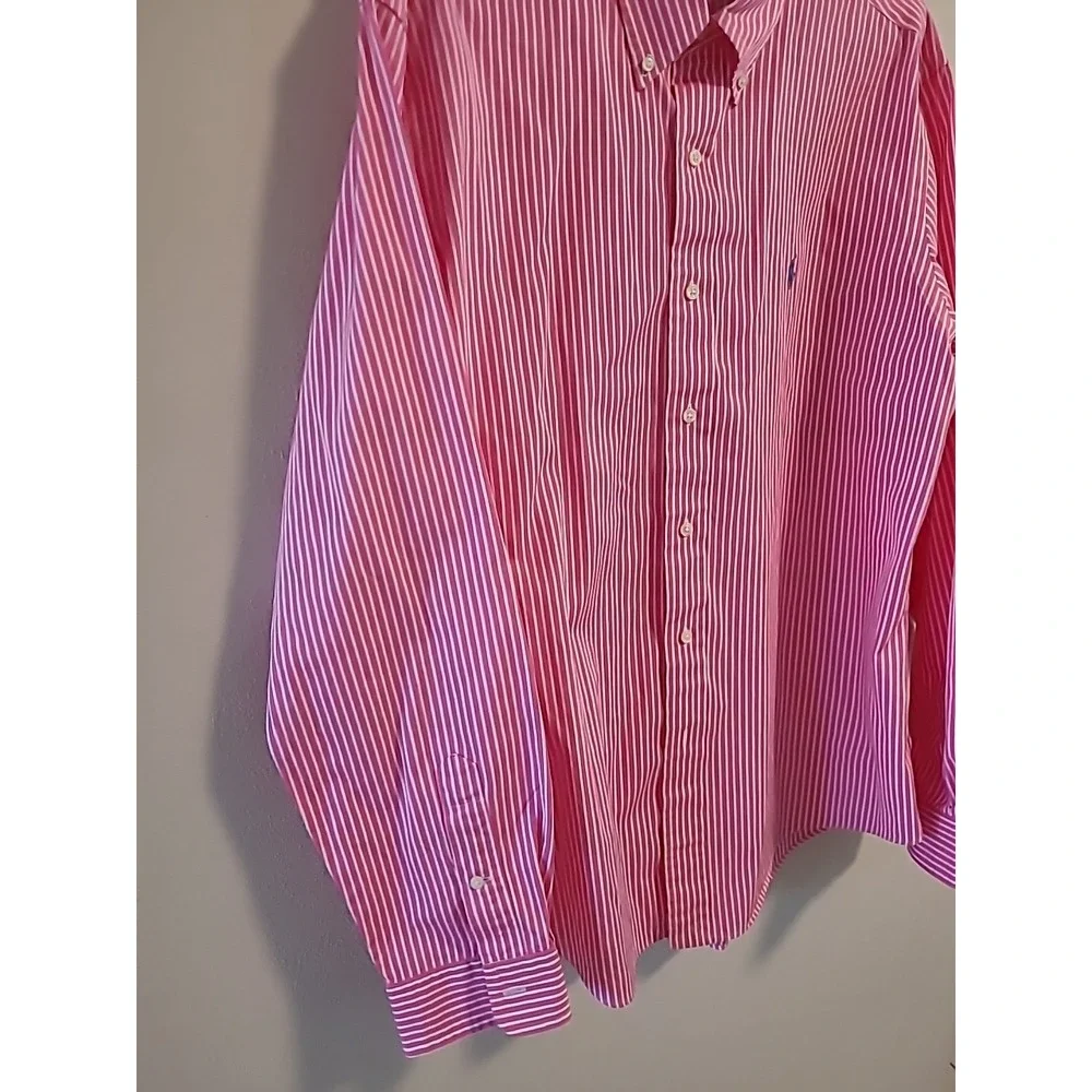 Y2K Ralph Lauren Polo Custom Fit Candy Stripe Button Down XLarge Pink White Logo